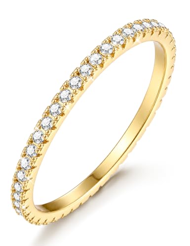 Jstyle Wedding Bands for Women 14K Gold Plated Eternity Band Rings Stackable Cubic Zirconia Ring 2MM Engagement Band Ring for Women Dainty Simulated Diamond Rings No Tarnish Size 6
