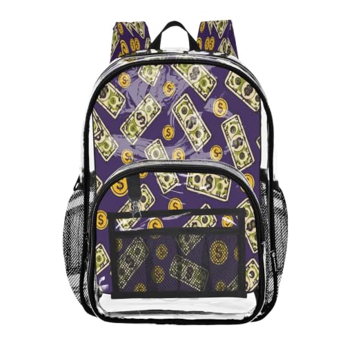 Jucciaco PVC Backpacks Dollar Bills Coins Girls Boys Large Clear Decor Transparent Backpack School See Through Bookbag Waterproof Fashion Activities Learning Work And Travel Bag