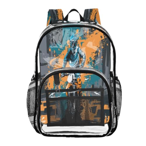 Jucciaco PVC Backpacks Graffiti Motorcycle Girls Boys Large Clear Decor Transparent Backpack School See Through Bookbag Waterproof Fashion Activities Learning Work And Travel Bag