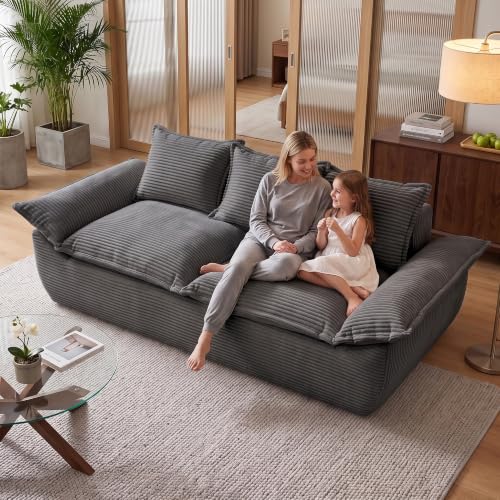 JUIKURY 55" Convertible Corduroy Sofa Bed, Boneless Foldable Loveseat Sleeper Couch, Compressed Foam Floor Sofa with Removable Cushions & Pillows for Small Space Living Room (Grey, 70Inch)