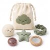 Juju Calm Set Cotton Pouch with 5 Sensory Tools – Cloud-Appliqué Drawstring Bag with Texture Stone and Breathing Star – Wooden Mirror Disc Soft Ball and Felt Loop – Quiet Mindful Comfort Kit