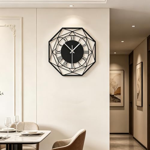 JUJUDA Large Modern Wall Clock for Living Room Decor Big Black Metal Decorative Wall Clock Silent Quality Quartz Farmhouse Clock Non Ticking Battery Operated for Kitchen Office Bedroom,16x16 inch