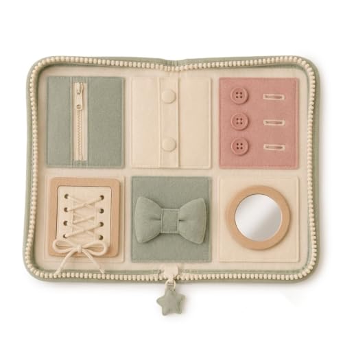Juju Felt Activity Folio Fold-Out Fabric Board – Six Sewn Felt Skill Panels with Zip Snap Button Lace Bow and Mirror – Quiet Travel-Friendly Fine-Motor Folio – Soft Cotton Canvas Sensory Accent