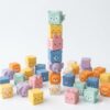 Juju Silicone Stacking Bricks Set – 40 Soft Flexible Building Blocks with Animal Faces – Pastel Food-Grade Silicone – Stack Connect and Display – Dishwasher-Safe Design
