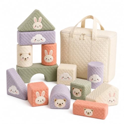 Juju Soft Quilted Stacking Blocks Set – Twelve Foam Shapes in Removable Washable Covers with Embroidered Animal Faces – Sage Cream Lavender and Coral Nursery Decor – Zip Storage Tote Included