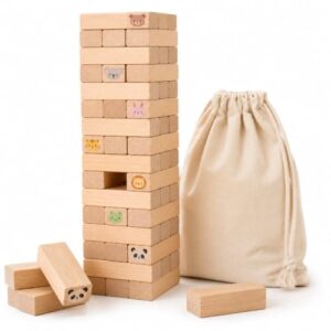 Juju Wooden Tumble Tower Stacking Blocks – 54 Natural Beech Wood Balance Blocks with Pastel Animal Face Accents – Family Game Night Set – Canvas Storage Bag Included