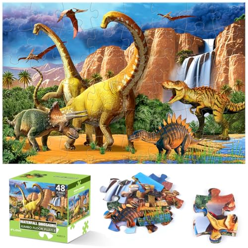Jumbo Floor Puzzle for Kids,48 Piece Waterfall Dinosaur Large Jigsaw Puzzles, Fun Preschool Educational Toy for Toddlers Ages 3-5,Easter Gift for Boy Girl Ages 4-8