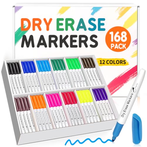 Jumlys 168 Pack Dry Erase Markers Fine Tip Bulk, 12 Colors, Low Odor Ink