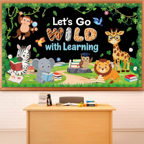 Jungle Animal Bulletin Board Set Motivational Safari Animal Classroom Decor Learning Bulletin Board Set Let's Go Wild with Learning Paper Cutouts for Summer Back to School Office Chalkboard Wall Decor