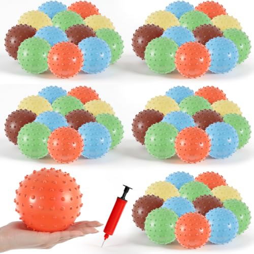 Junkin 100 Pack Knobby Balls Bulk 5.5" Soft Bouncy Ball Bulk for Toddlers Sensory Toy with Air Pump Plastic Inflatable Spiky Massage Stress Fidget Toy for Playground School Party Play(Macaron Color)