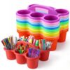 Junkin 12 Pack Colorful Classroom Caddy Storage Basket with Handle, Pastel Plastic Caddy Organizer Drink Cup Caddies Holder 6 Compartments for Kids Table Crafts Arts Marker Pencil Crayon School