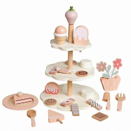 JunZheHub Children Play Dessert Wooden Dessert Stand Toy Pretend Slices Cookies Lollipops Serving Spoon Interactive Role Play Suitable for Preschool Activity Birthday Gathering Home Decoration