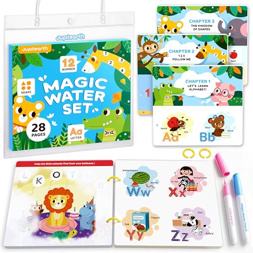 JUPITEARTH 3-in-1 Pack Mess Free Coloring Book Set,Reusable Water Painting Book with 2 Refillable Water Pens 28 Pages, Educational Activity Toys for Toddlers