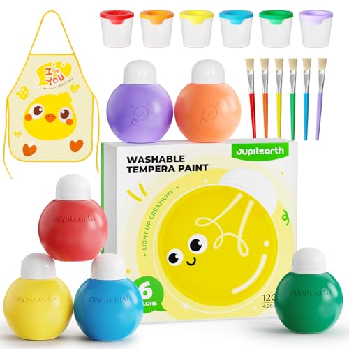 JUPITEARTH 6 Colors Washable Paint Set for Kids Ages 3-6, 4.06oz(120ml), Non-Toxic, Includes Brushes, Cups and Apron, Creative Gift for Toddlers and Preschoolers