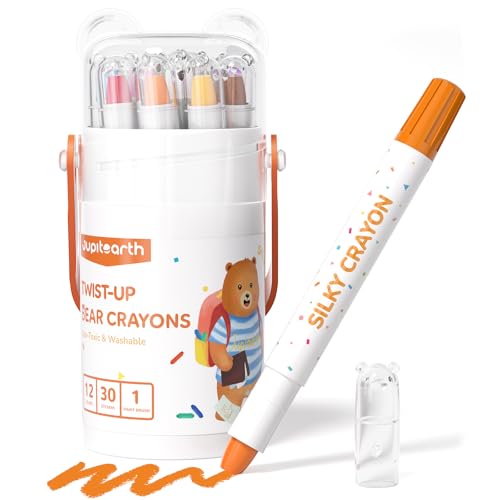 JUPITEARTH Silky Crayons for Toddlers 1-3, 12 Colors Twist Crayons, Non-Toxic, Washable, Easy-Grip Toddler Crayon Set for Ages 4-8, Easter Toddler Coloring Gift for Boys & Girls, Bear-Design