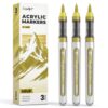 JusArt 3 Gold Acrylic Paint Markers Brush Tip, Water-Based Metallic Markers with Automatic Ink Control, Waterproof Acrylic Paint Pens for DIY Art & Crafts -Fabric, Wood, Rock, Ceramic, Pumpkin
