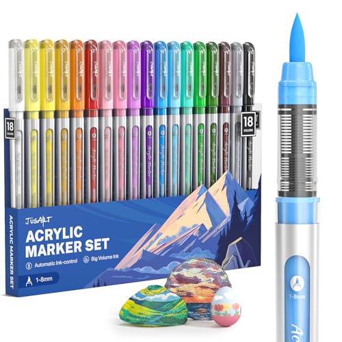 JusArt Acrylic Paint Markers Brush Tip 18 Colors, Water-Based No-Bleed Markers with Automatic Ink Control, Waterproof Acrylic Paint Pens for DIY Art & Crafts -Fabric, Wood, Rock, Ceramic, Metal