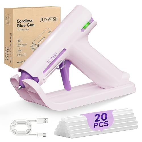JUSWISE Cordless Hot Glue Gun, Fast Preheating Mini Glue Gun and 20 Sticks Set, 2200mAh Built-in Battery Rechargeable, Auto-Off, Anti-Drip, Metal Base and Stand for DIY Crafts, Home Repairs, Purple