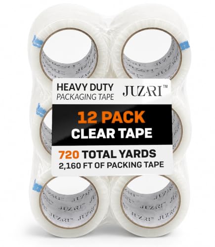 JUZARI 12 Pack Heavy Duty Packing Tape - 2 Inch Clear Big Tape Rolls for Moving Boxes, Shipping & Storage - Bulk Carton Sealing Mailing Refills - 2.6 Mil Thick, 60 Yards Per Roll, 720 Total Yards