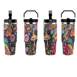 JXOEYX Floral Mushroom Scene 30 Oz Insulated Tumbler with Handle And Straw, Stainless Steel Travel Mug with Lid, Vacuum Insulated Cup for Hot And Cold Drinks