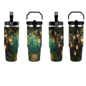 JXOEYX Forest Garden 30 Oz Insulated Tumbler with Handle And Straw, Stainless Steel Travel Mug with Lid, Vacuum Insulated Cup for Hot And Cold Drinks
