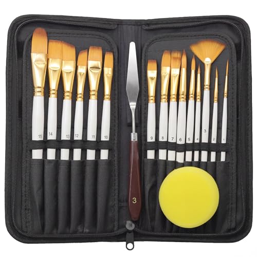 JYN-ANREN 17Pcs Paint Brush Set with Palette Knife & Sponge, Standing Storage Case as Brush Holder, Professional Artist Brushes for Acrylic, Oil, Watercolor