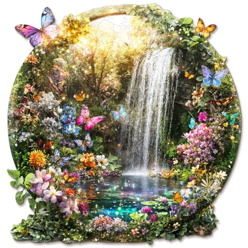 KaayeeWood Wooden Puzzles for Adults, Butterflies and Waterfalls Jigsaw Puzzles, 104 Piece Unique Shaped Puzzle, 3D Visual Landscape Shape Puzzle, Gifts for Adults,Wall Decor(8.5 * 8.2 in)