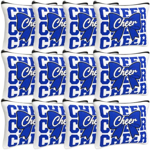 Kacctyen 12 Pcs Cheer Bow Makeup Bags Canvas Cheerleader Gifts Bulk Zipper Pouch Travel Organizer Cosmetics Snacks Bag for Girls Teammates Senior Night Party Games Gathering Event Supplies(Blue)