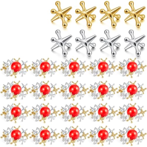 KangJJ 20 Sets Metal Jacks Game with Ball Bulk Include 200 Pcs Gold and Silver Jacks and 20 Pcs Red Rubber Balls Classical Jack Game Toys Gifts for Teens Adult Prizes Christmas