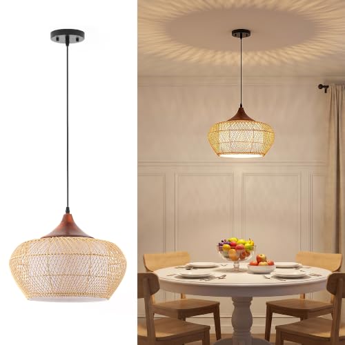 Karjearl Rattan Pendant Light Fixture, 15.7" Boho Hand-Woven Wicker Hanging Lighting with Solid Wood, Coastal Basket Chandelier for Dining Room, Kitchen Island, Bedroom, 1-Light, Hardwire, E26 Base