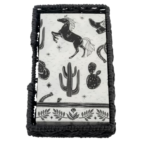 Karma Boho Paper Napkins Set with Woven Holder – 20 Black & White Bohemian 3-Ply Disposable Napkins with Decorative Storage Basket for Kitchen, Coffee Table & Entertaining, Western