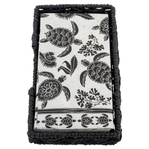 Karma Boho Paper Napkins Set with Woven Holder – 20 Black & White Bohemian 3-Ply Disposable Napkins with Decorative Storage Basket for Kitchen, Coffee Table & Entertaining, Turtle