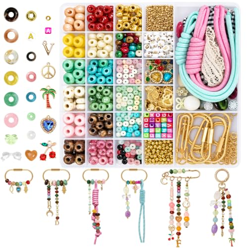 Kasmena 900+PCS Beaded Keychain Making Kit, Cute Bag Charm Kit Gold Carabiner Bead DIY Supplies Crafts Accessoriess for Women Girls
