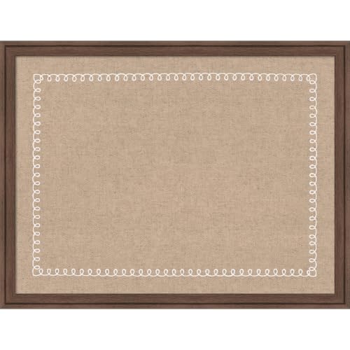 Kate and Laurel Framed Fabric Magnetic Board 26 x 20, White Scalloped Edge Printed Linen Casual Transitional Bulletin Board for Use as a Vision Board or Wall Organization, Florence Medium Brown Frame