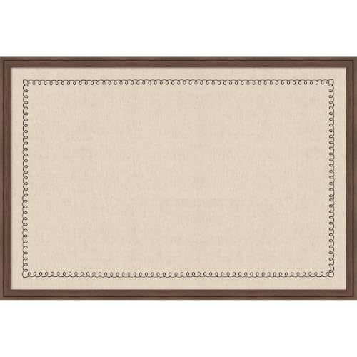 Kate and Laurel Framed Fabric Magnetic Board 38 x 26, Black Scalloped Edge Printed Linen Casual Transitional Bulletin Board for Use as a Vision Board or Wall Organization, Florence Medium Brown Frame