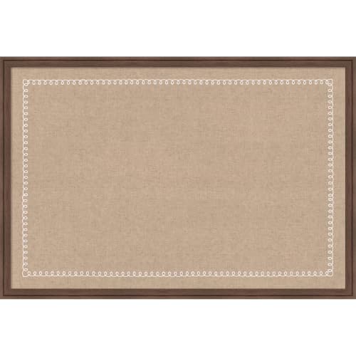 Kate and Laurel Framed Fabric Magnetic Board 38 x 26, White Scalloped Edge Printed Linen Casual Transitional Bulletin Board for Use as a Vision Board or Wall Organization, Florence Medium Brown Frame