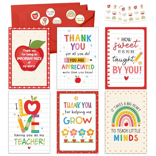 KATLADIZ 24 Packs Teacher Appreciation Cards, Teacher Thank You Cards - Thank You Card for Teachers from Students - 4.0''x 6.0'' 6 Designs Appreciation for Teachers with Envelopes, Stickers