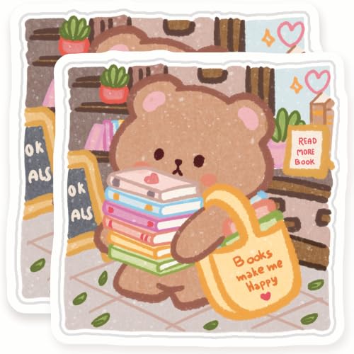 Kawaii Book Bear Magnets - Cute Reading Lover Fridge Decor - Cozy Aesthetic Book Nook Accent - Reader Art - 2 Pack - 5" Design - Sticks to Fridges, Lockers, Toolboxes & More - Made in USA - AQM30443