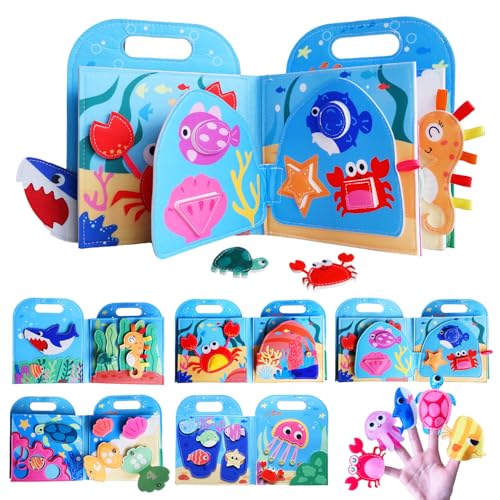 KAWITLO Busy Book for Toddlers 1-3, Ocean Animal Felt Book Sensory Toy, Busy Board Montessori Toys, Quiet Book Travel Toy for Toddlers, Parent‑Child Interactive Activity Book (Ocean)