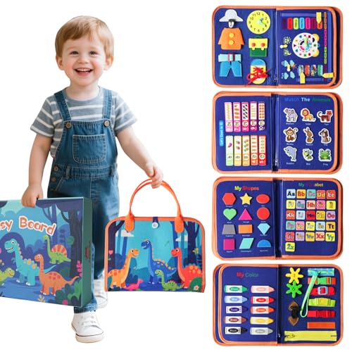 KAWITLO Toddler Montessori Busy Board - Dinosaur Learning Activity Toy, Boys Gift, Sensory Learning Toy for Toddlers, Educational Busy Book for Toddlers, Travel Toy (Blue)