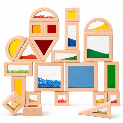 KAXCOT 23 PCS Rainbow Sensory Wooden Building Blocks for Toddlers, Colorful Geometric Stacking Toys with Beads, Sand & Mirror Blocks, Montessori STEM Learning Toy Gift for Kids