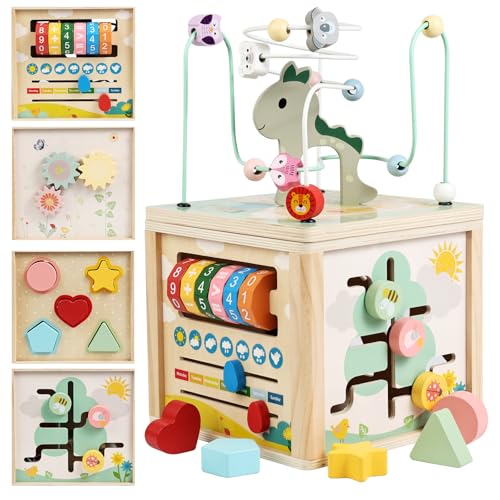 kazemizu Wooden Activity Cube, Montessori Sensory Learning Toys for 1 2 3 Year Old Toddlers, Sorting & Bead Maze Developmental Toy for Boys Girls, First Birthday Gifts for 12-18 Months