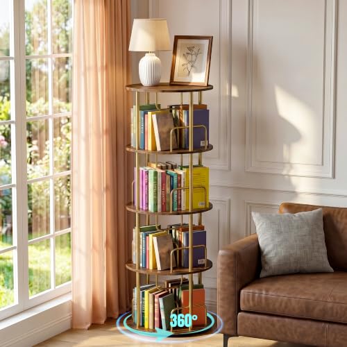 KCZDXH 360° Rotating Bookshelf, Revolving Bookcase with Open Display Storage, Round Book Shelf Tower, Freestanding Space Saving Vertical Storage Organizer for Living Room Bedroom, Corner Furniture