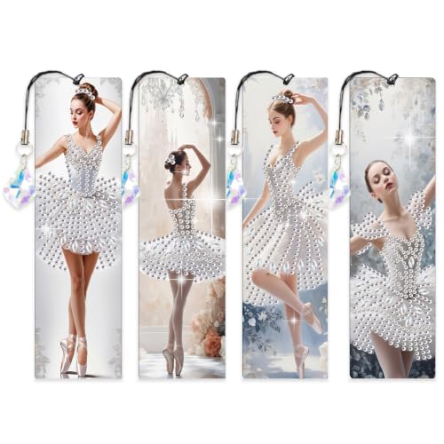 KEDEMAS 4Pcs Ballerina DIY Diamond Art Painting Bookmark with Crystal Pendants Diamond Art Painting Art Bookmarks Special Shape for DIY Making Beginners Adult Arts Craft Supplies