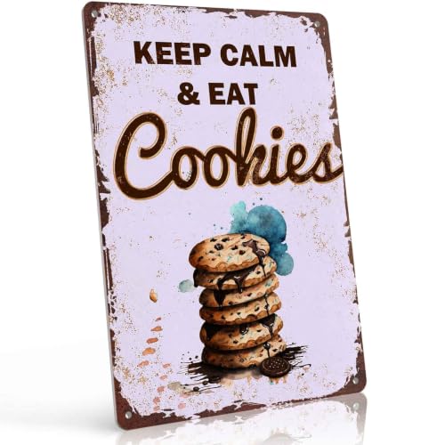 Keep Calm And Eat Cookies Chocolate Chip Dessert Quote Metal Sign 8x12 Inch, Funny Aluminum Wall Decor for Kitchen Dining Room Coffee Bar Bakery Restaurant Food Shop Home Wall Decor