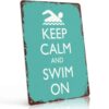 Keep Calm and Swim On Vintage Metal Sign 8x12 Inch, Funny Aluminum Wall Decor Suitable for Swimming Pool Decor Bathroom Home Gym Kids Room Beach House and Indoor Outdoor Wall Decorations