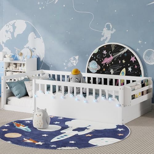 KEIKI Twin Size Floor Bed w/Light & Storage, Wood Montessori Platform Bed Frame w/Safety Rails, Space Saving Kids Beds for Boys Girls Bedroom Playing Room, Easy Assembly Bedframe, Noise Free, White