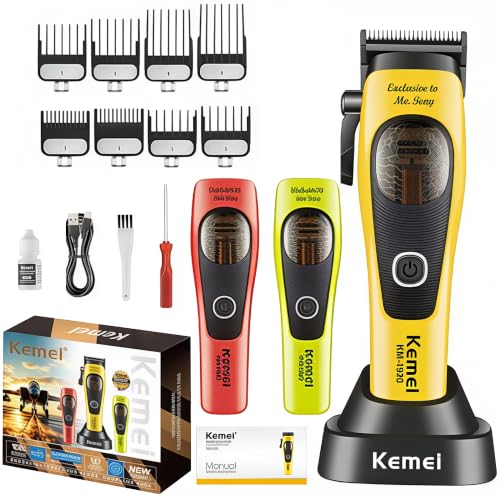 KEMEI KM-1920 Professional Hair Clipper for Men, 12000RPM Magnetic Levitation Motor, Cordless Electric Hair Trimmer DLC Steel Blade, 4500mAh Rechargeable Barber Clipper with 2 Replaceable Top Covers
