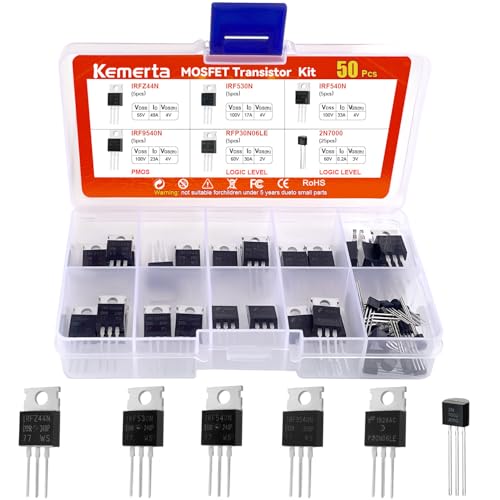 Kemerta 6 Values 50 Pcs MOSFET Transistor Assortment Kit, IRFZ44N IRF530N IRF540N RFP30N06LE 2N7000 IRF9540 N Channel P Channel,Logic Level PMOS NMOS Kit,for Power Switching Application