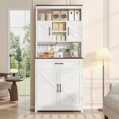 kepptory 69" Kitchen Pantry Cabinet with Shelves and Drawer, Tall Freestanding Buffet Sideboard Storage with Cup Hooks, Farmhouse Coffee Bar Cabinet for Dining Room, Entryway, Living Room
